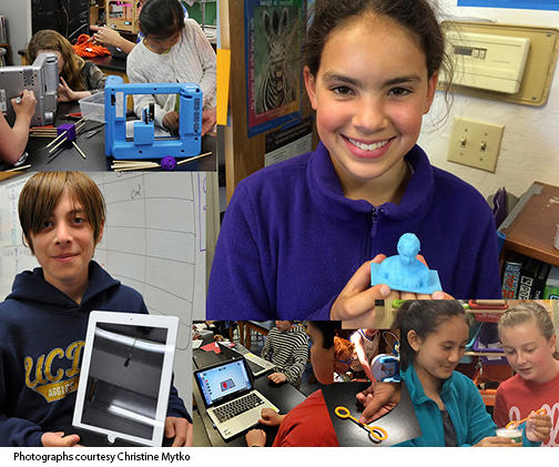 Students creating their 3-D printing projects and displaying the results Students at work with their 3-D printing projects