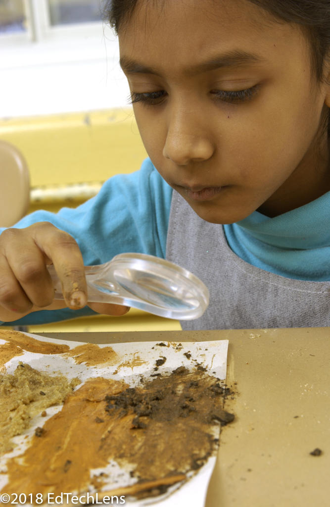 Second-grade student observing and experimenting with different types of soils, their consistency, and water content. 