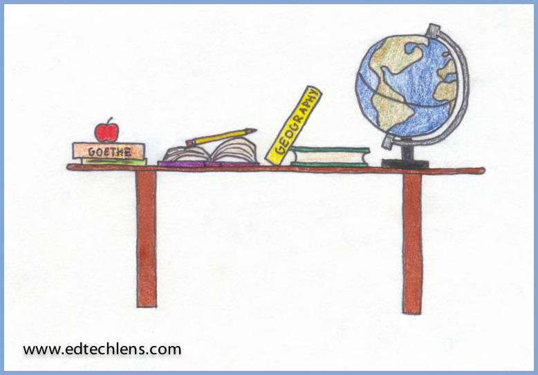 Illustration of school books and a globe on a book shelf